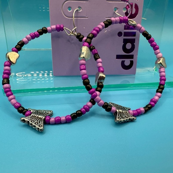 Butterfly Purple Black bead Hoop Earrings NWT sensitive ears - Picture 2 of 3